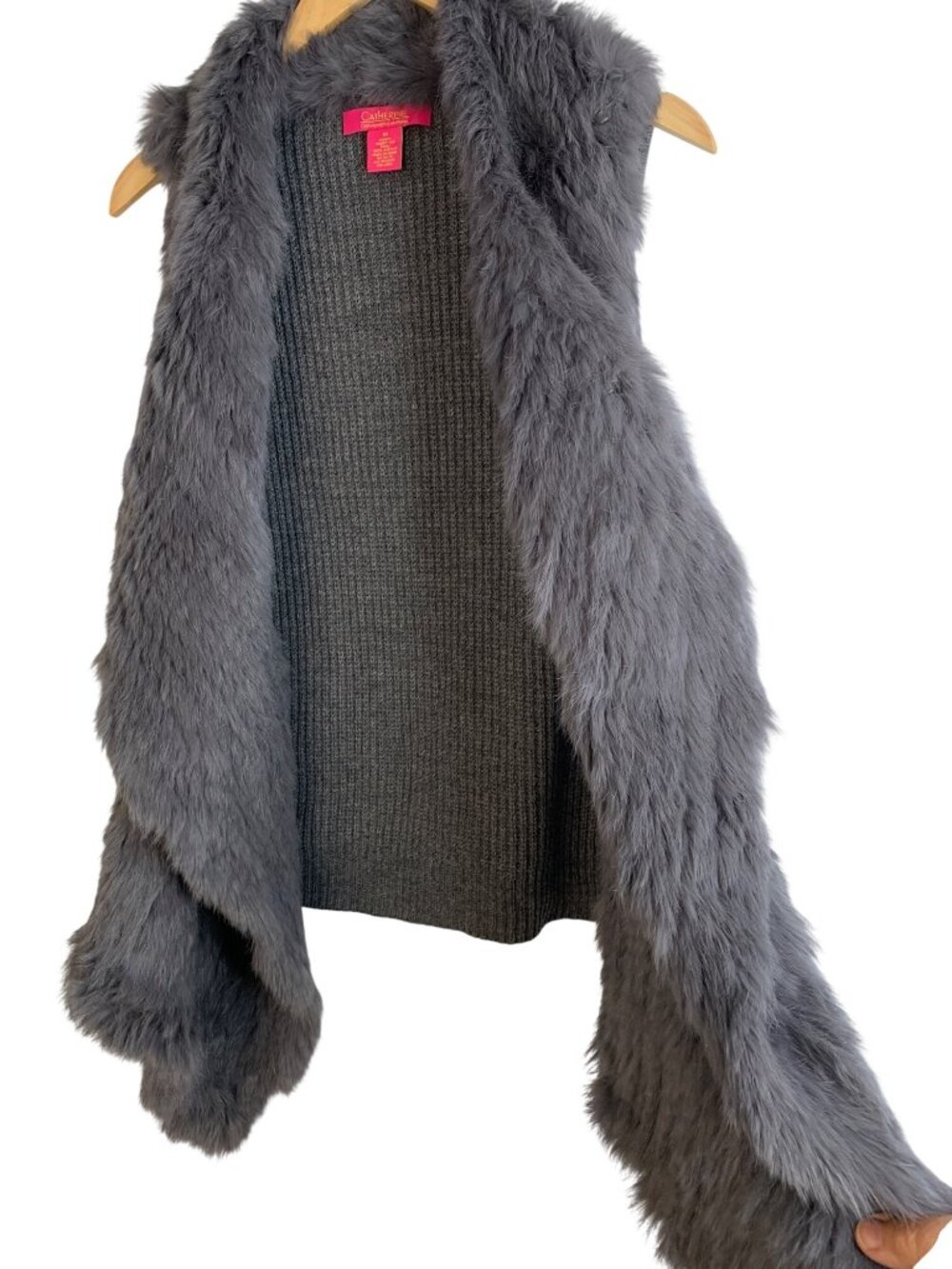 Catherine Malandrino Gray Genuine Rabbit Fur Convertible Draped Vest Sweater M